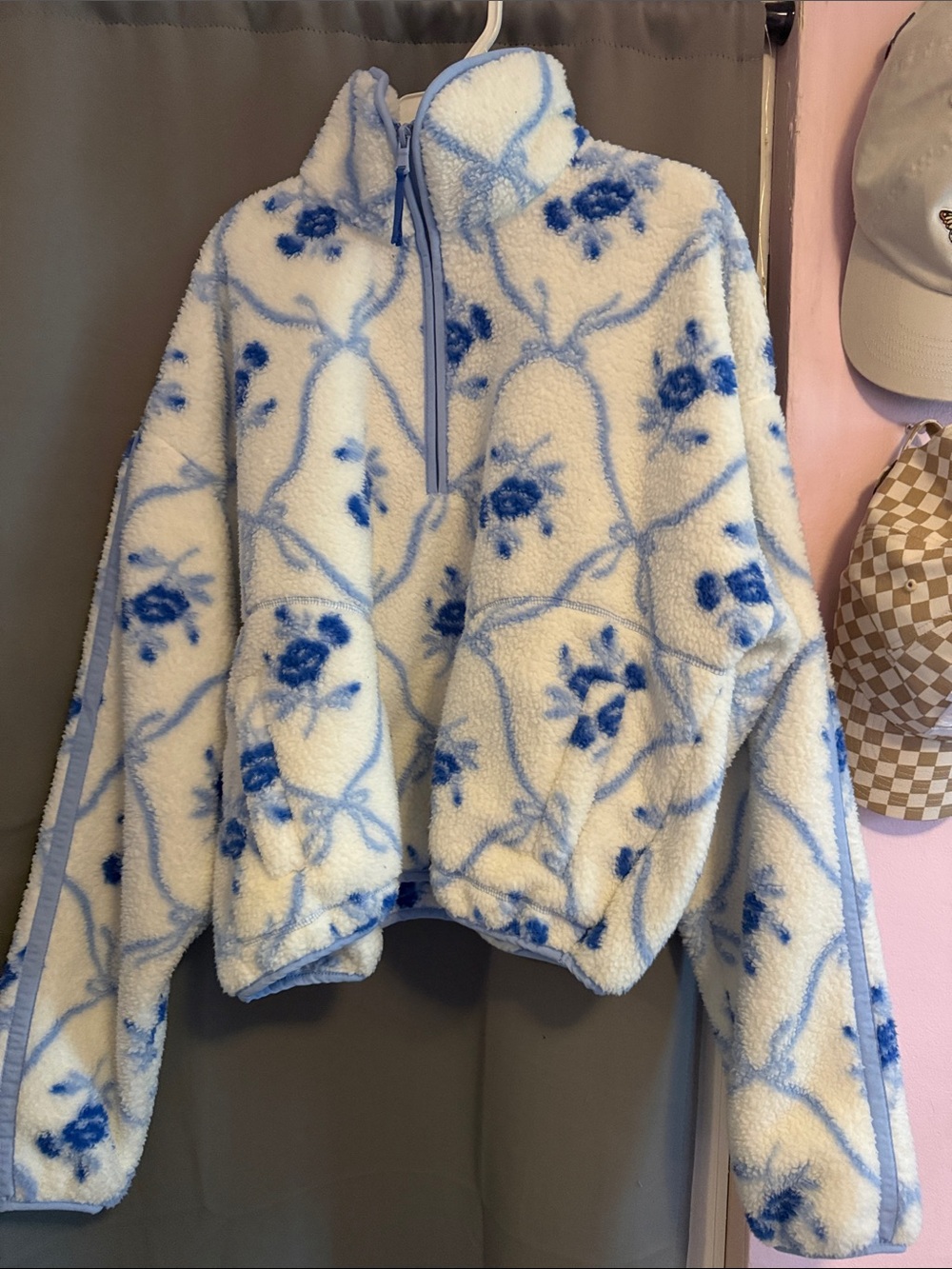Blue Floral Sherpa Half-Zip Jacket - Women small tall